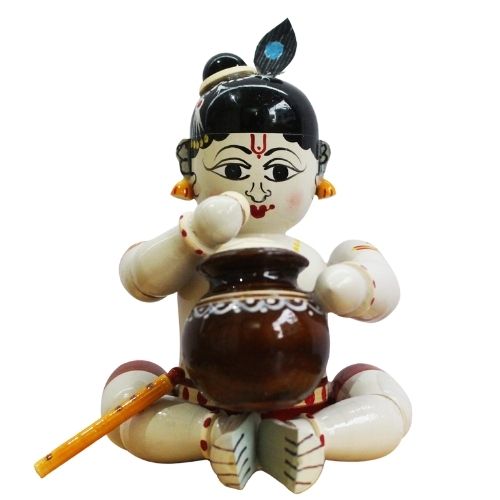 Wooden Krishna and Butter of Pot | Etikoppaka Handmade Toys