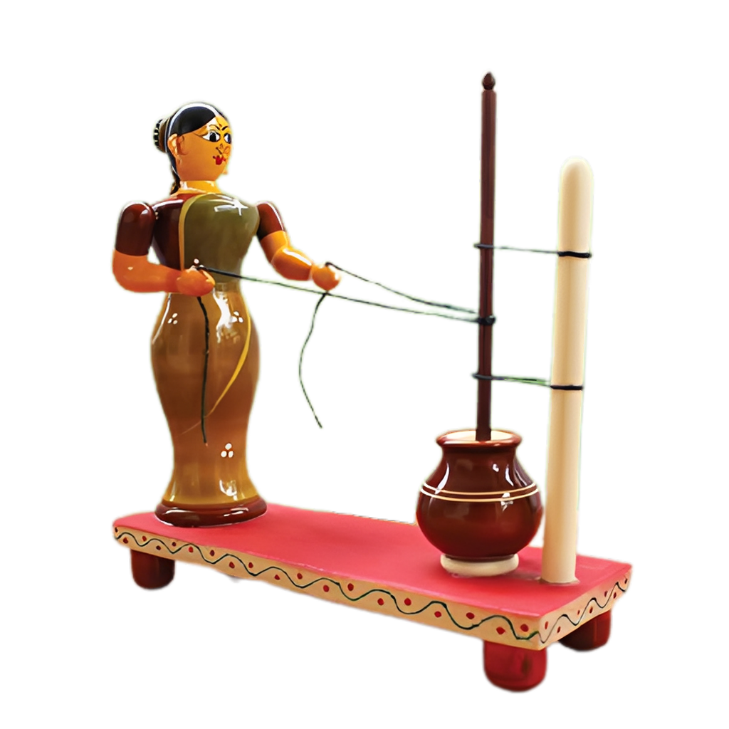 Wooden Woman Butter Making Show Piece for Home Decor | Natural and Non Toxic Items