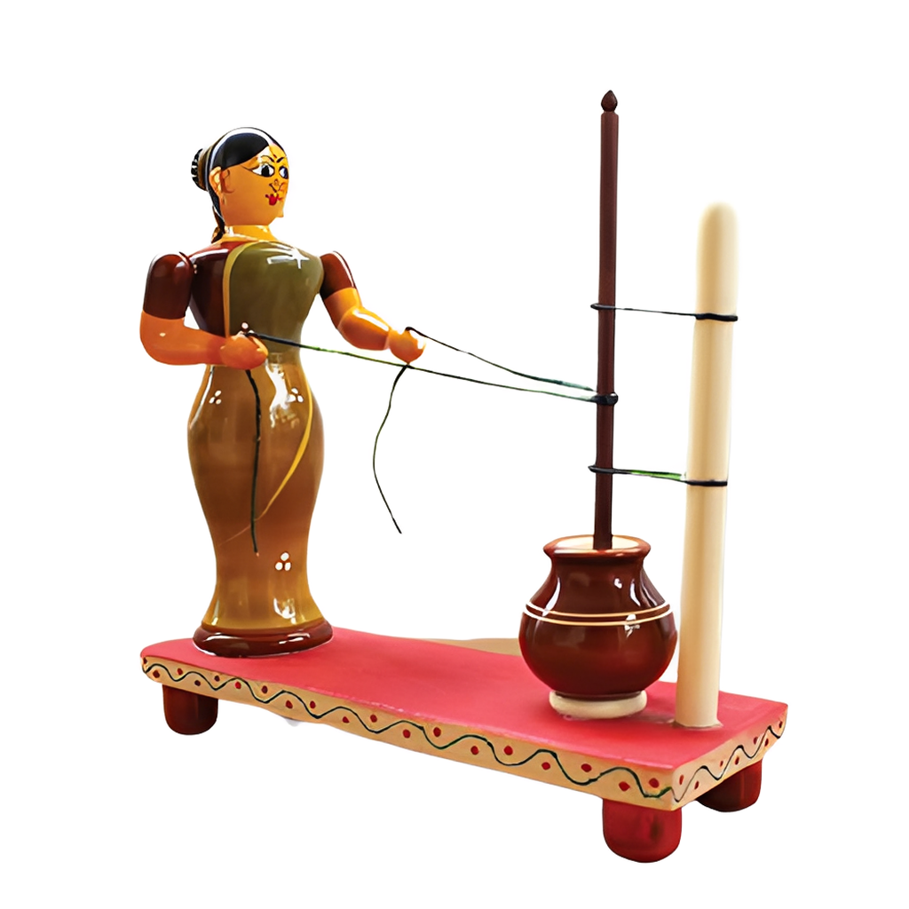 Wooden Woman Butter Making Show Piece for Home Decor | Natural and Non Toxic Items