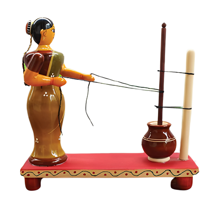 Wooden Woman Butter Making Show Piece for Home Decor | Natural and Non Toxic Items