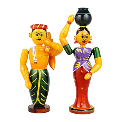 Etikoppaka Handmade Wooden Farmer Couple Show Piece for Home Decor