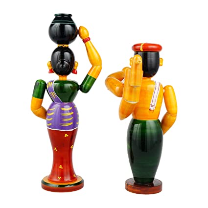 Etikoppaka Handmade Wooden Farmer Couple Show Piece for Home Decor