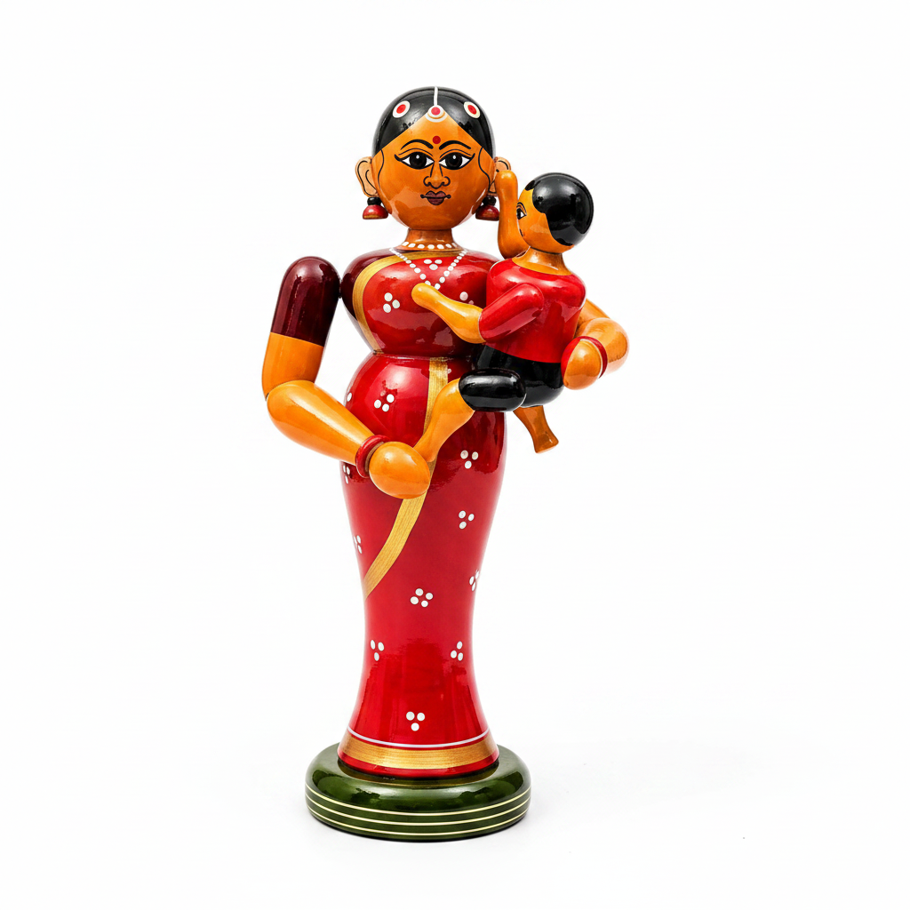 Decorative figurine of a woman holding a child on a white background